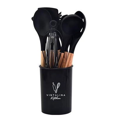 Silicone Cooking Utensils Kitchen Utensil Set - 446°F Heat Resistant Silicone Kitchen Utensils Set, Spatula,Turner Tongs, Spoon, Whisk,Kitchen Gadgets for Nonstick Cookware, BPA Free (Black) - color: Black