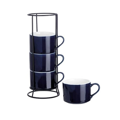 10oz Porcelain Stackable Coffee Mugs and Metal Stand Set of 4, Espresso Cups Set for Hot Drinks, Cappuccino, Tea-Blue - color: Navy