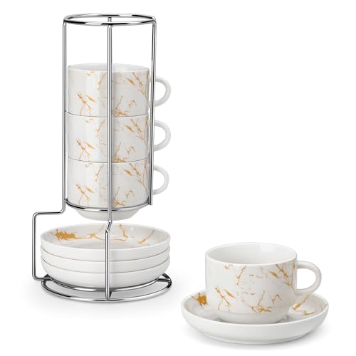 MALACASA 8 OZ Porcelain Espresso Cups with Saucers and Metal Stand Set of 4, Stackable Cappuccino Cups, Marble White Expresso Shots Cup Set for Coffee Drinks, Latte, Tea - color: Marble White, size: 8 Oz