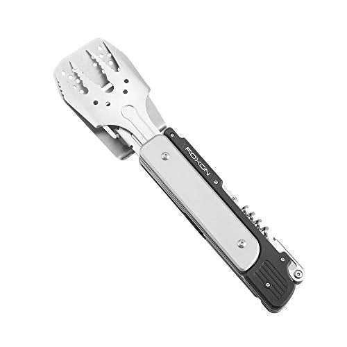 ROXON 6-in-1 Grill Tools Set, Metal Griddle Accessories Kit for Blackstone | BBQ Utensils: Tongs, Fish Spatula, Fork, Knife, Opener & Corkscrew; Stainless Steel, for Flat Top Cooking, Camping & Outdoor - color: Gray