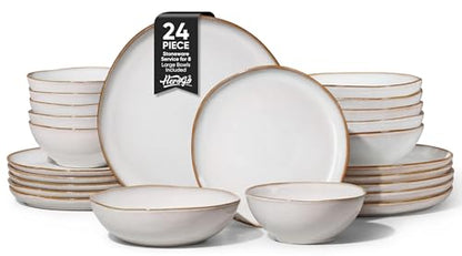 Herogo 24Pcs Plates and Bowls Dinner Set, Stoneware Dinnerware Dishes Sets for 6, Ceramic Dishware Tableware Includes Dinner Salad Plates, Soup Bowls, Microwave & Dishwasher Safe, Pearl White - color: Pearl White, size: 6 Set (24pcs)