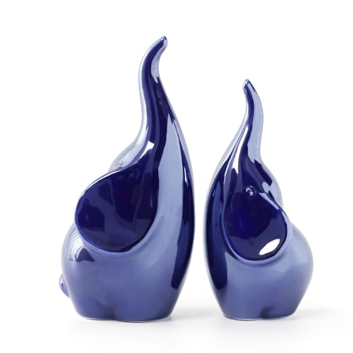 Ceramic Elephant Figurines with Trunk Up, Pair Couples Loving Elephant Statue, Small Figurines Sculpture African Home Decor, Valentine Elephants Gifts for Women, Wedding Knick Knacks（Blue） - color: Blue