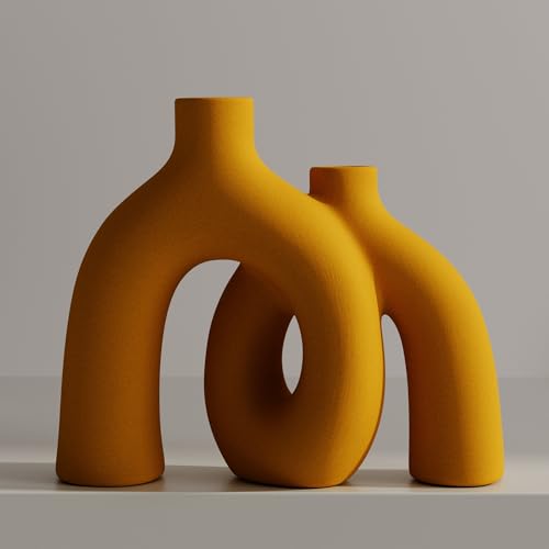 Hug Donut Decorative Vase Set - Yellow Vase, Modern Nordic Boho Style Vases Home Decor, Matte Ceramic Decorations for Living Room Shelf, Bookshelf Mantle Entryway Table or Console Décor (Yellow) - color: Yellow