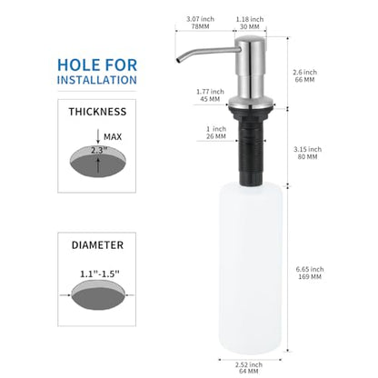 Built in Soap Dispenser for Kitchen Sink, Brushed Nickel Stainless Steel Countertop Pump Head (Plastic Built-in), Dish Soap Hand Lotion Dispenser with Refillable 17OZ Bottle - color: Brushed Nickel