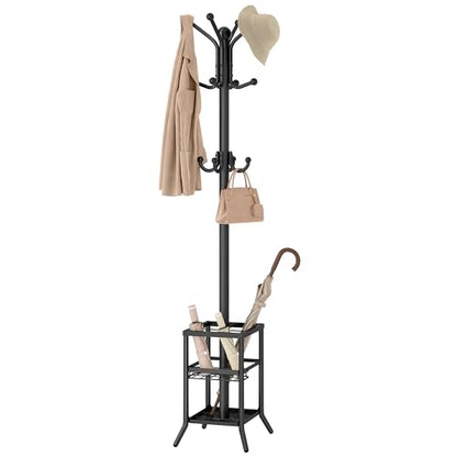 FAVOOSTY Coat Rack Freestanding,Coat Rack Stand with Umbrella Holder,Metal Coat Tree with 12 Hooks,Tree Clothes Hat for Entryway, Hallway, Bedroom, Living Room & Office -Black - color: Black