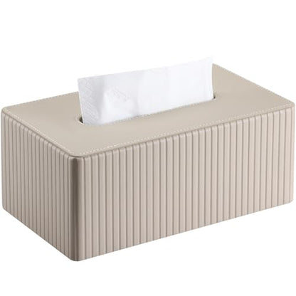PU Leather Tissue Box Cover Rectangular Tissue Box Holder with Magnetic Bottom, Napkin & Facial Tissue Holder Dispenser for Home, Office for Standard 120-count/160-count (2-Ply) Beige Stripe - color: Beige Stripe