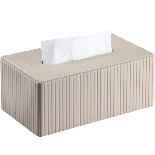PU Leather Tissue Box Cover Rectangular Tissue Box Holder with Magnetic Bottom, Napkin & Facial Tissue Holder Dispenser for Home, Office for Standard 120-count/160-count (2-Ply) Beige Stripe - color: Beige Stripe