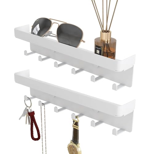2 Pcs Wall Key Holder Rustic Key & Mail Organizer Adhesive Key Hook, White | Small Key Rack with Tray 6 Key Hooks Hanger Wall Mount for Entryway Hallway Living Room Decor, Metal - color: White-2
