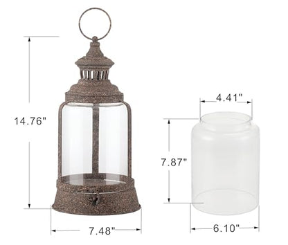 14" Twakutwaku Verstile Farmhouse Metal Hurricane Lantern in Rustic Brown, Glass Candlestick Holder, Decorative Pillar Candle Holder, Glass Dome Cloche Display (Rustic Brown, Medium)