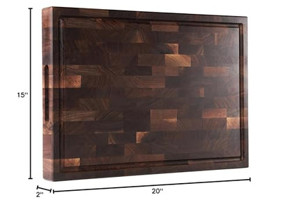 American Black Walnut Wood Cutting Board 20"x15"x2" Large | End Grain Butcher Block, Juice Groove, Inner Handles, Finished with Linseed Oil, Beeswax, Lemon Oil, Giftbox - size: 20 x 15 x 2 in