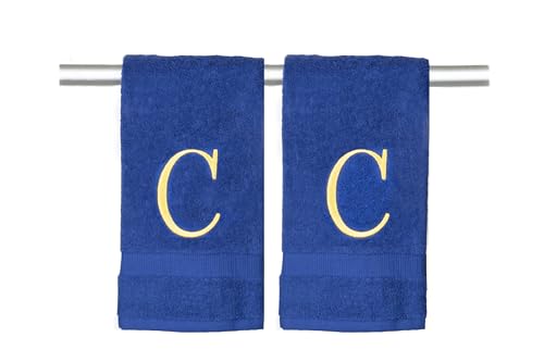 Navy with Gold Monogrammed Hand Towels for Bathroom - Set of 2 Letter C | Luxury Hotel Quality Initial Towels For Powder Room, Spa, GOTS Organic Certified - color: Gold on Navy, size: Initial C