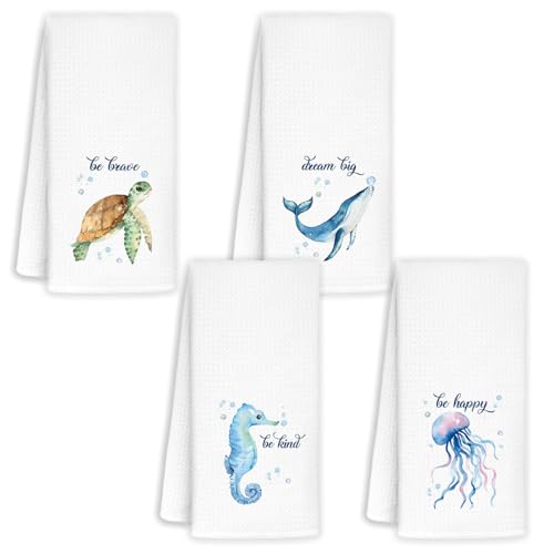 Sea Turtle Themed Waffle Hand Towels - Kids Bathroom and Kitchen Towel Set of 4, 16x24 Inch Sea Horse Decor - color: Ocean2
