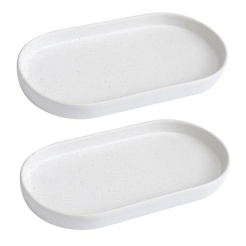 2 Pack Speckled White Round Soap Dispenser Tray - 8'' Ceramic Vanity Tray & Organizer Plate Set, Bathroom & Kitchen Countertop Decor for Soap Dispenser, Jewelry, Cosmetics, Sink - color: Speckled White - 2 Pack