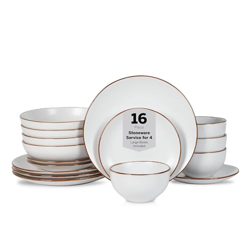 Stone Lain Brasa Stoneware 16 Piece Modern Dinnerware Sets, Plates and Bowls Service for 4, White, Microwave & Dishwasher Safe - color: White, size: 16-Piece Service for 4