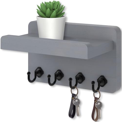 Nekon Key Holder Wall Mount, 8.5 Inch Small Wooden Wall Organizer, Gray | Rustic Wall Shelf, Farmhouse Key and Mail Holder for Living Room Entryway Kitchen - color: Gray