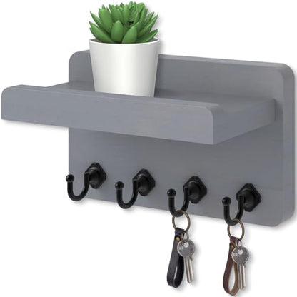 Nekon Key Holder Wall Mount, 8.5 Inch Small Wooden Wall Organizer, Gray | Rustic Wall Shelf, Farmhouse Key and Mail Holder for Living Room Entryway Kitchen - color: Gray