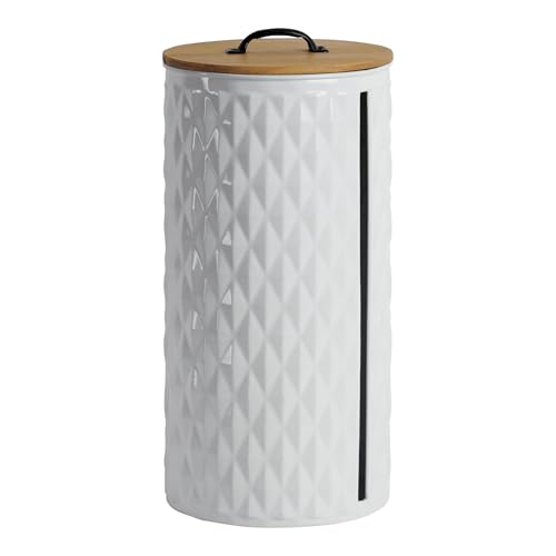 Metal Paper Towel Holder, Weighted Base with Suction Cups | Embossed with Wooden Lid, Easy Tear Roll Dispenser for Kitchen Counter, Bars, Dining Tables - color: Diamond White