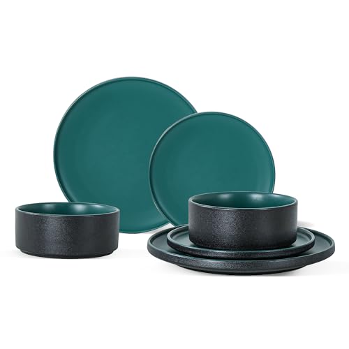 6 Piece Ceramic Plates and Bowls Sets for 2, Modern Green | Stoneware Dinnerware Set, Dishwasher & Microwave Safe, Handcrafted, Perfect for Family and Gatherings - color: Green, size: Service for 2(6PCS)