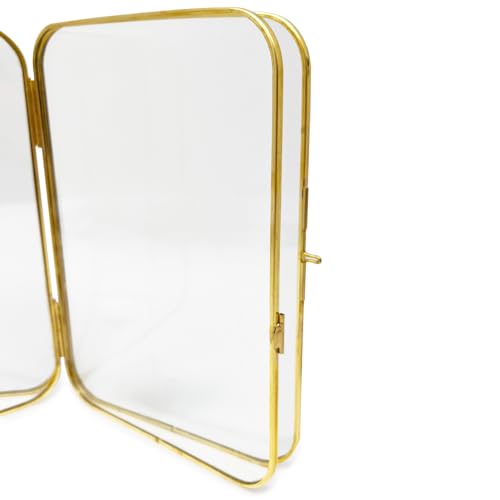 Isaac Jacobs 5x7 Gold Double-Sided Metal Floating Photo Frame w/ClaspLock | Double-Sided Round-Edged Brass & Glass Metal Floating Picture Frame Locket Closure (Vertical), Tabletop (5x7, Antique Gold) - color: Antique Gold, size: 5x7