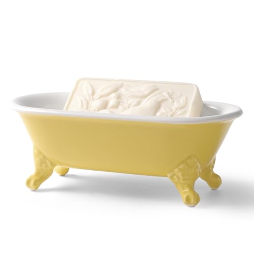 6.5" Ceramic Mini Decorative Clawfoot Bathtub Bar Soap Dish, Kitchen Sponge Holder and Shower Tray for Bathroom, 1 Pack(Yellow) - color: Yellow