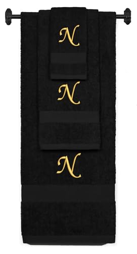 Monogrammed Bath, Hand, Washcloth Cotton Towel Set, Personalized Gift 3Pc-N - color: Black & Gold, size: Initial N