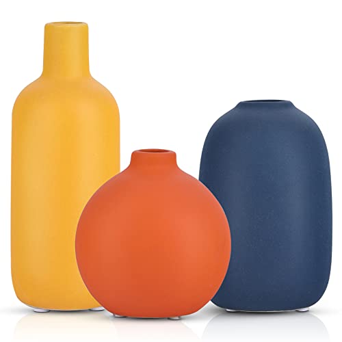 Cute Vase Matte Ceramic vases set of 3 Orange, Modern Boho Vases for Decor small vase,Centerpiece Table Decor japandi home decor Minimalist vase for Décor Room,Entryway, Bookshelf, Mantel, Shelf Décor