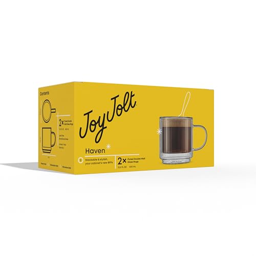 JoyJolt Haven Stackable Fluted Glass Mugs, Set of 2 Ribbed Double Wall Insulated Coffee Cups, 13.5oz Clear Mugs - style: Fluted Mugs