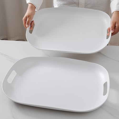 Extra Large Serving Platter, Set of 2, 18.75 x 14.375 x 2 Inch Large Melamine Serving Tray with Handle,Rectangular Serving Trays for Party, Big Turkey Platter, Dishwasher Safe, Matte White - color: Matte White Serving Tray
