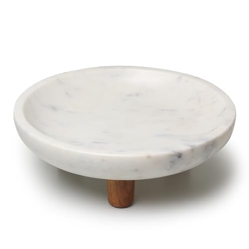 Marble Fruit bowl with three wood legs | 11.8 inch dia footed bowl for kitchen counter | Use as centerpiece for dining table, key bowl for entryway table, or potpurri/decorations (Large)