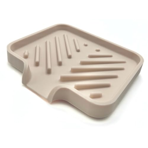 Silicone Soap Dish Tray and Sponge Holder with Drain Chute and Feet | 3-Way Sloped Design | Bathroom and Kitchen Sink Organizer Caddy (Sand Dollar, 5"x4", 3.5 Ounces) - color: Sand Dollar, size: 5"x4"