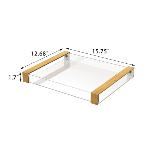 Acrylic Serving Tray with Wooden Handles, Rectangle | Clear, For Bathroom Vanity, Coffee Table, Kitchen Counter, Ottoman, For Food, Drinks, Perfume, Cosmetics, Decorative