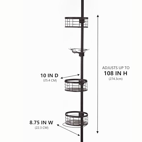 Tension Pole Shower Caddy Corner Organizer, Adjustable Standing Shower Caddy with 3 Removable Baskets and Hooks, Rust Resistant Tension Rod Organizer, 60.5 to 108 Inch, Oil Rubbed Bronze