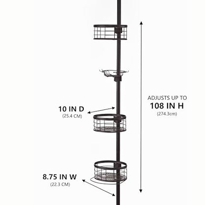 Tension Pole Shower Caddy Corner Organizer, Adjustable Standing Shower Caddy with 3 Removable Baskets and Hooks, Rust Resistant Tension Rod Organizer, 60.5 to 108 Inch, Oil Rubbed Bronze