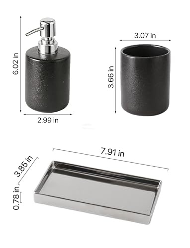 Bathroom Soap Dispenser Set with Tray 3-Piece Countertop Organizer （Black） | Countertop Organizer, With Tray, Pump Dispenser and Cup Black patterned ceramic products - color: Black Texture