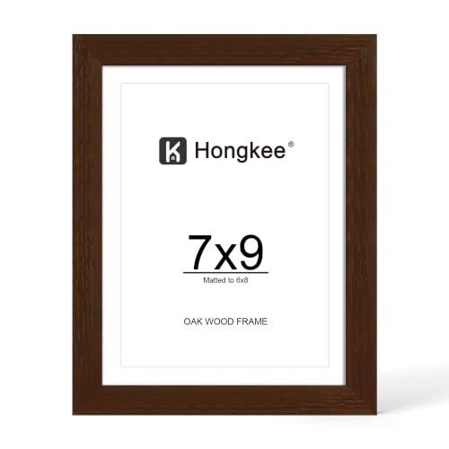Hongkee 7x9 Oak Wood Picture Frame 1 Pack(Matted 6x8) with Real Glass Cover | Walnut, 7 x 9 Solid Wood Frame for Wall or Tabletop Display - Includes Easel Back, Vertical Hang - Ideal for Home, Office - color: Walnut, size: 7X9 in
