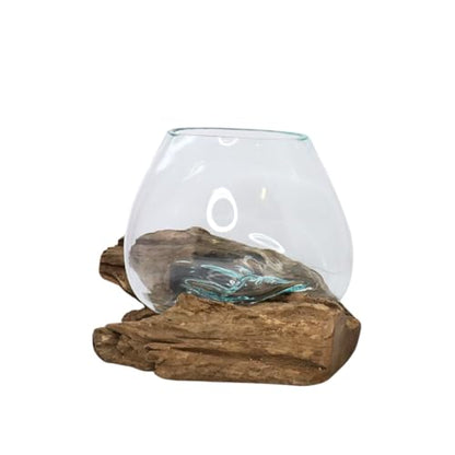 GamalFlow Medium Melted Glass Bowl On Wood Base, Perfect Terrarium or Planter, Brown, About 8" Wide