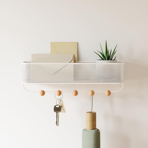 Umbra Estique Entryway Organizer, Wall Mount Key Holder, White/Natural | Steel construction, perforated mail bin, five wooden knob hooks, hidden mounting hardware, holds up to 5 lbs - size: Small