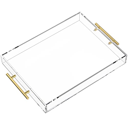 NIUBEE Clear Serving Tray 12x16 Inches - Acrylic Decorative Tray Organiser | Spill-Proof tray with Round Handles for Ottoman Coffee Table Countertop | Decorative Tray for Breakfast in Bed - color: Clear+ Round Handles, size: 16" x 12" x 2"