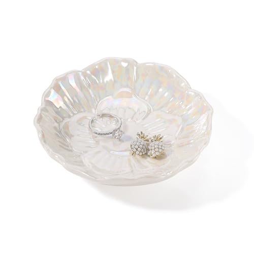 Flower Ring Dish Holder,Jewelry Dish Tray,Small Trinket Tray,Jewelry Plate Bowl,Key Bowl,Decorative Plate,Mothers Day Birthday Gifts for Women Mom Friends,Ceramic Pearl White - color: Pearl White
