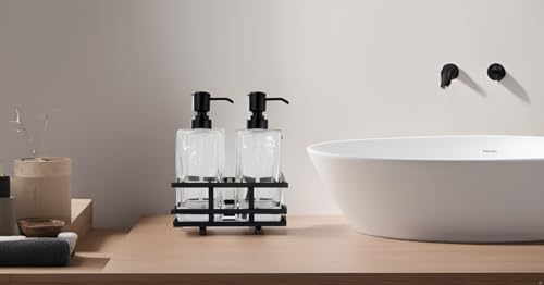 Square Glass Clear Lotion and Soap Pump Dispenser Set with Metal Stand Caddy for Bathroom Bath Kitchen Home Office Travel Hotel Hand Crafted Heavy Weight Oil Rubbed Bronze - color: Oil Rubbed Bronze