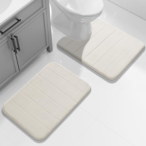 Yimobra U-Shaped Toilet Bath Mat Set 2 Piece - Soft Absorbent Quick Dry Memory Foam Bathroom Rugs, Machine Washable Non Slip Floor Carpet for Tub Shower & Single Sink (17x24 & 24x20, Cream White) - color: Cream White, size: 24x17+24x20 Inch