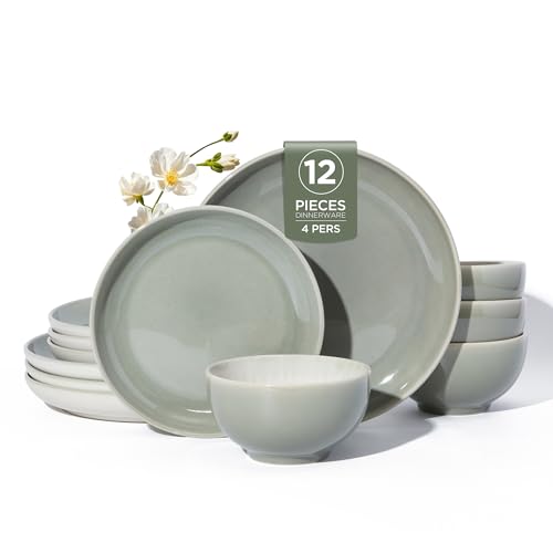 Stoneware Dinnerware Sets, Ceramic Plates and Bowls Set, Microwave & Dishwasher Safe Kitchen Dish Set, Modern Dinner Salad Plates | Cereal Bowls for 4, Dishware Sets Gray Green - color: Gray Green, size: Set (12pcs)