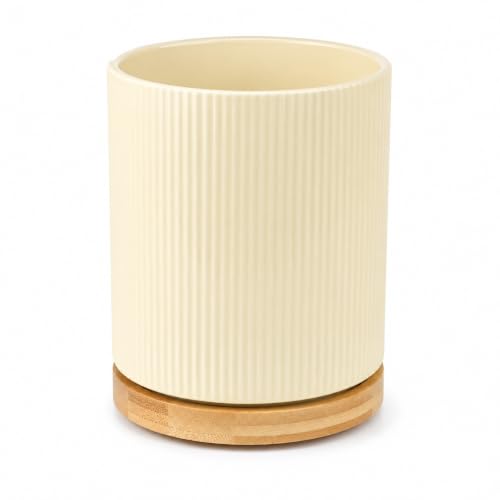 360° Rotating Ceramic Utensil Holder,Utensil Crock for Kitchen Counter | Kitchen Utensil Holder for Countertop with Rotatable Wooden Base,Ideal Housewarming Gifts & Mothers Day Gift-Yellow - color: Cream Yellow