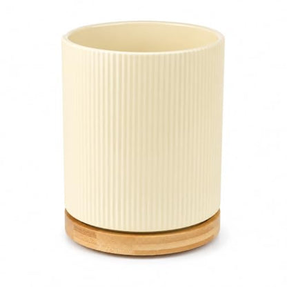 360° Rotating Ceramic Utensil Holder,Utensil Crock for Kitchen Counter | Kitchen Utensil Holder for Countertop with Rotatable Wooden Base,Ideal Housewarming Gifts & Mothers Day Gift-Yellow - color: Cream Yellow