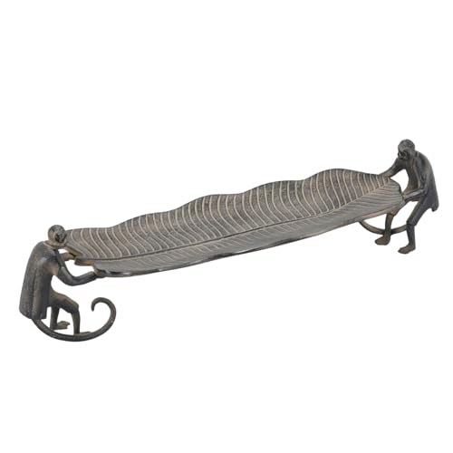RAFFLES Butler Decorative Tray – Aluminum Vintage Leaf Dish with Monkey Sculptures – Handmade Entryway, Coffee Table Tray, Living Room, Home Decor - Stone Medium 17” - color: Walnut, size: 17" x 4.3" x 5.3"
