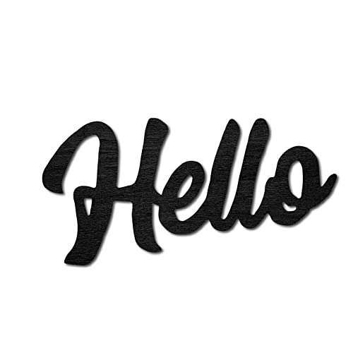CREATCABIN Wood Cutout Hello Sign Laser Cut Wooden Wall Decor Sculpture Hanging Decor Wall Art Decoration for Home Gallery Office Front Porch Door Black 9.4" x 4.7" - color: Hello