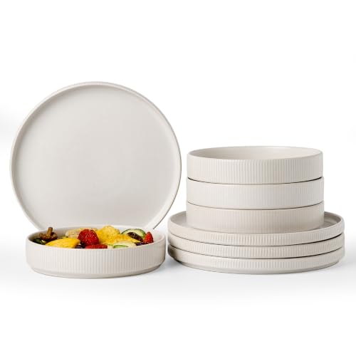 Famiware Star Stoneware Dinnerware Sets, 8-Piece Dishes for 4, Matte White | 7.5" Shallow Pasta Bowls & 10.5" Flat Dinner Plates, Everyday Dining, Chip & Scratch Resistant, Microwave & Dishwasher Safe - color: Matte White, size: Service for 4 - Big Plates