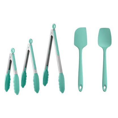 U-Taste 600℉ Heat Resistant Food Grade Non Stick Firm Cooking Tongs Set of 3, and 600ºF Heat Resistant 11.38in Flexible Non-Stick Spatula & Spoon Spatula Set of 2 (Aqua Sky)