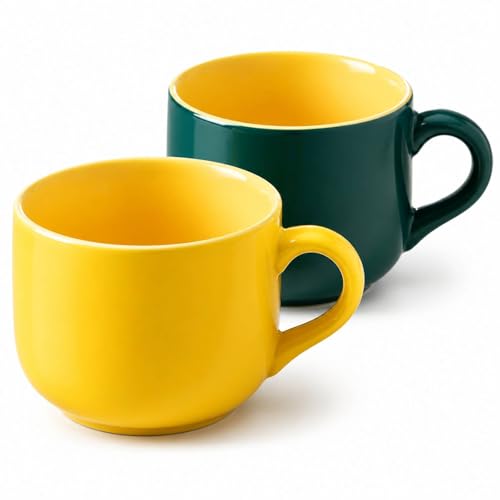 20 oz Ceramic Mug Set of 2, Yellow and Dark Green Oversized Coffee Cups for Tea, Soup, Cereal and Oatmeal, Wide Mouth Large Handle, Microwave Dishwasher Safe - color: 20 oz-Yellow&Dark green