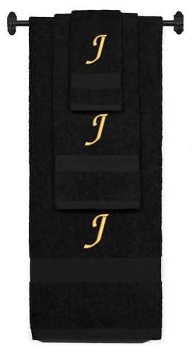 Monogrammed Bath, Hand, Washcloth Cotton Towel Set, Personalized Gift 3Pc-J - color: Black & Gold, size: Initial J